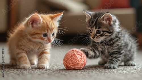 Two playful kittens chase a yarn ball on a cozy living room carpet
