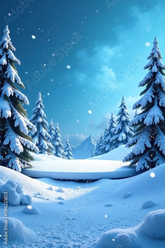Snowy winter wonderland background with empty stage and snowdrifts, blue, snowy