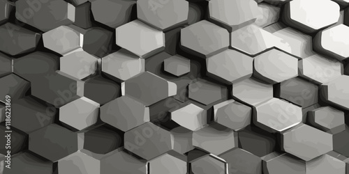 Abstract 3d white and silver color cube black hexagonal geometric texture pattern surface bright honeycomb metal hexagon design.