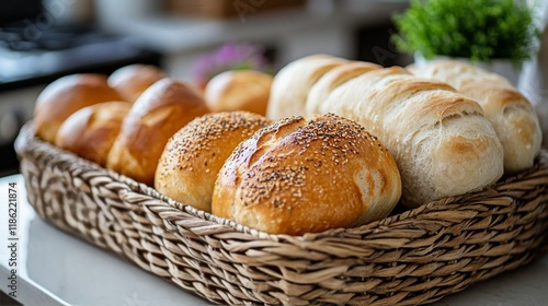 Freshly baked sesame rolls in a woven basket on a rustic table with soft linen