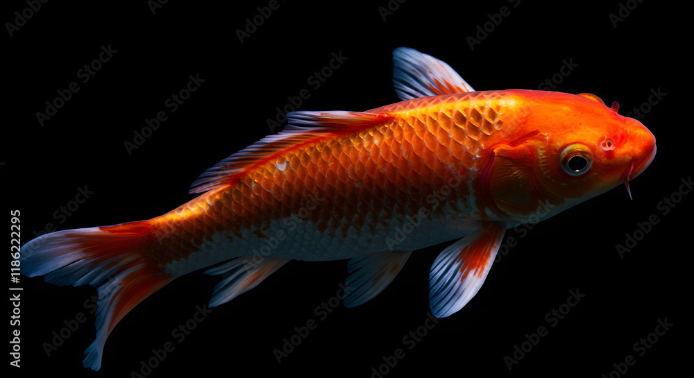 A detailed view of a fish set against a dark backdrop. A detailed view of a fish set against a dark backdrop.