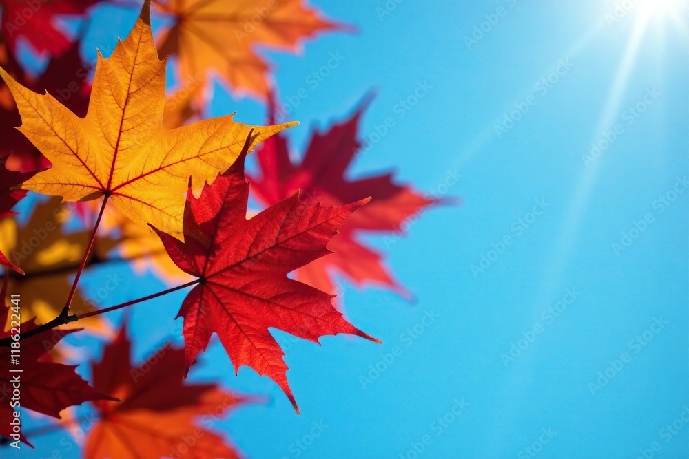 Colorful maple leaves against a bright blue sky, outside, leaf Colorful maple leaves against a bright blue sky, outside, leaf