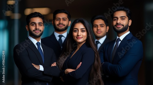 Confident Indian business team in formal attire showcasing leadership and teamwork