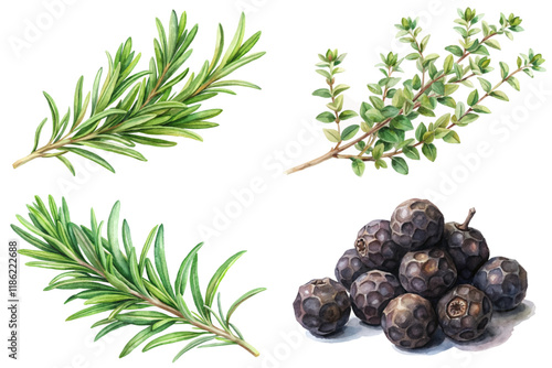 Fresh herbs illustration, rosemary sprigs, thyme branches, black peppercorns, botanical art, culinary use, watercolor style.