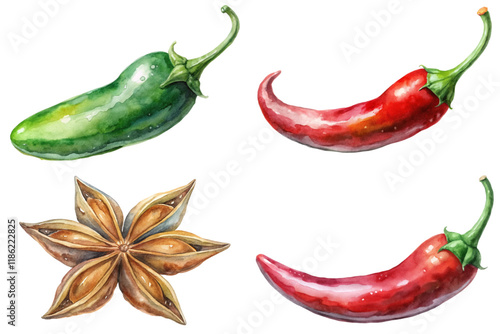 Colorful watercolor peppers, vibrant green jalapeno, red chili varieties, star anise illustration, culinary art.