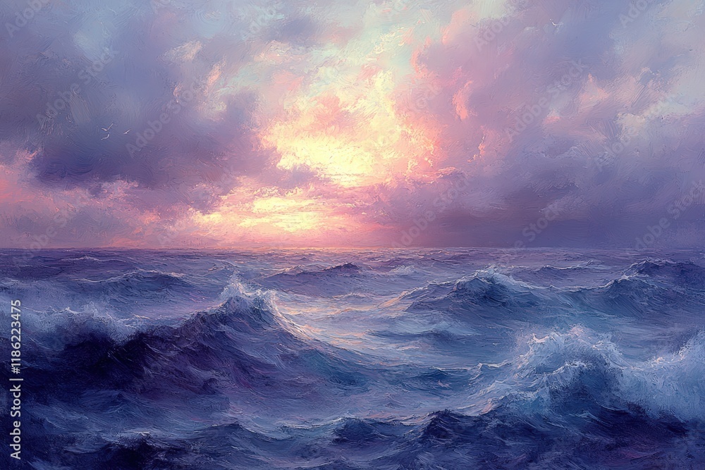 Fototapeta premium Sunset over turbulent, purple-blue ocean waves.