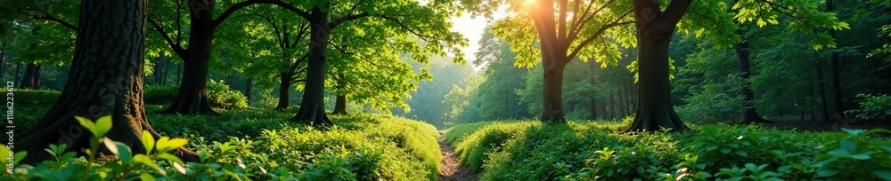 Landscape of a forest with dense cherry laurel undergrowth, laurocerasus, forest canopy Landscape of a forest with dense cherry laurel undergrowth, laurocerasus, forest canopy