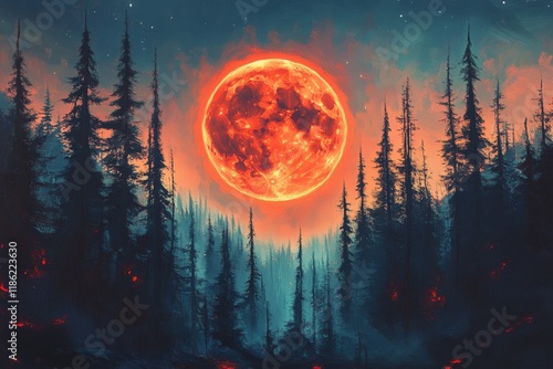 Full moon glowing red over dark forest landscape during night sky