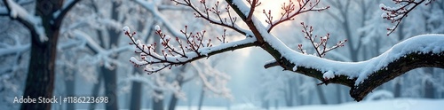 Neige recouvrant les branches d'un arbre brouill?, nature, brume photo