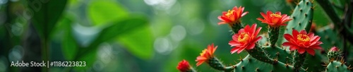 Cactus growing on tree with bright red flowers, tropical plants, , botanical photo