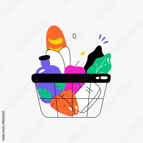 Shopping Basket With Fresh Vegetables And Groceries In Flat Vector Illustration Symbolizing Healthy Shopping, Organic Produce, And Market Goods, Isolated On White Background