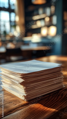 Stacked papers on a wooden table near a window in a cozy library setting
