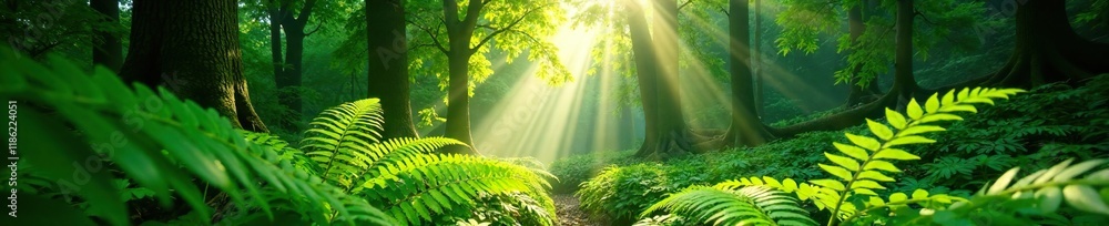 Obraz premium Sunlight filters through dense green fern canopy, green, forest