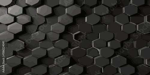 Abstract 3d black hexagonal geometric texture pattern surface bright honeycomb metal hexagon design.