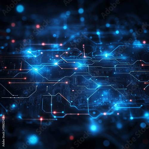 Futuristic digital circuit board with glowing blue lights and connections