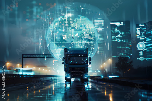 blue truck is driving on the road, with a digital globe glowing in shades of light gray and dark gray. The background features a night scene, creating an atmosphere full of technology. photo