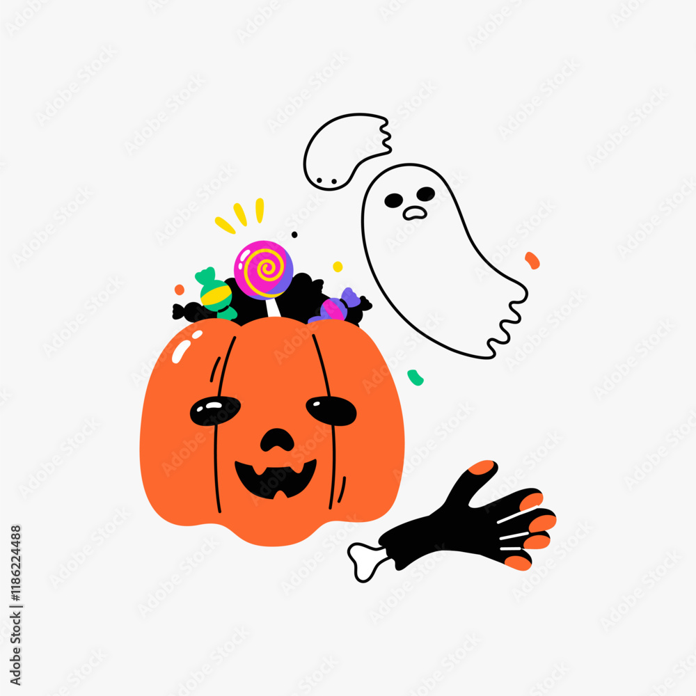 Fototapeta premium Halloween pumpkin with candies and ghost in flat vector illustration symbolizing Halloween spirit, treats, and fun, isolated on white background