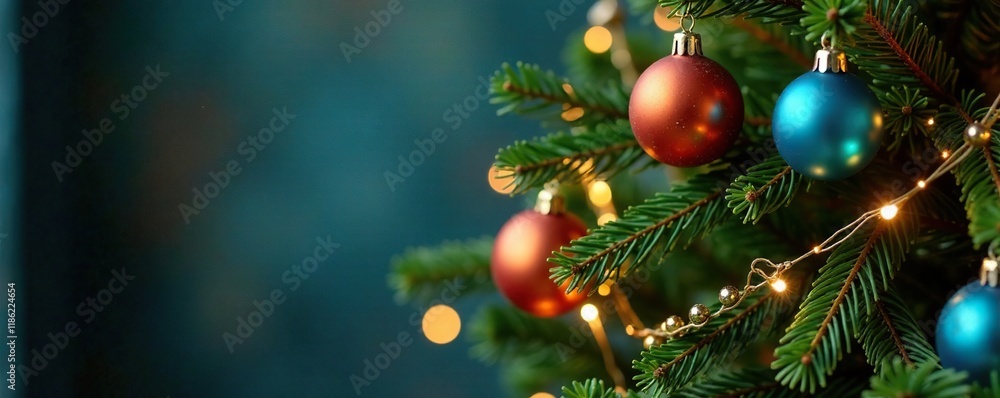 An elegant fir tree adorned with a delicate garland of glass balls in shades of orange and blue, festive colors, fir, tree An elegant fir tree adorned with a delicate garland of glass balls in shades of orange and blue, festive colors, fir, tree