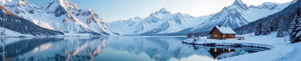 Fototapeta premium Lake with snow-covered mountains and a small cabin, snowy scenery, snowy mountain lake cabin gold ornament, snow-capped mountains
