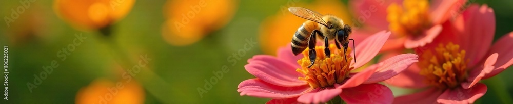 A single honeybee collects nectar from a colorful flower, apiary, insect life A single honeybee collects nectar from a colorful flower, apiary, insect life