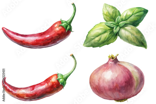 Fresh chili peppers, vibrant basil leaves, watercolor style, culinary ingredients, organic food illustration.