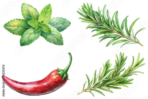 Fresh herbs illustration, vibrant green mint leaves, red chili pepper, rosemary sprigs, botanical art style.