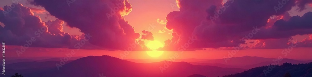 The sun rises behind a majestic purple cloud formation, landscape, golden, warm The sun rises behind a majestic purple cloud formation, landscape, golden, warm