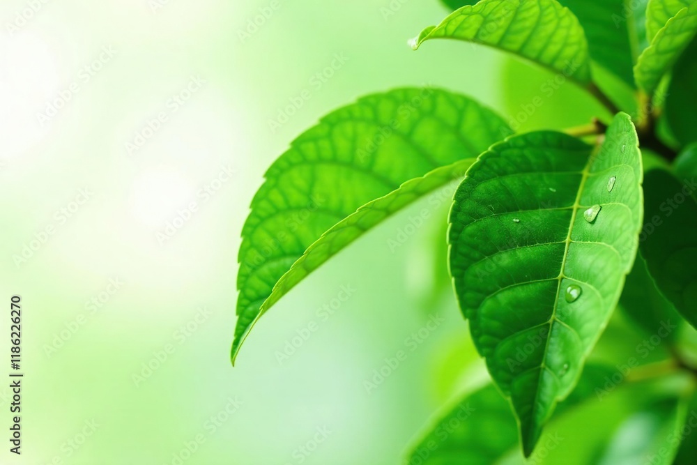 Fresh green guava leaves with water drops on a leaf pad, leaf details, guava leaves Fresh green guava leaves with water drops on a leaf pad, leaf details, guava leaves