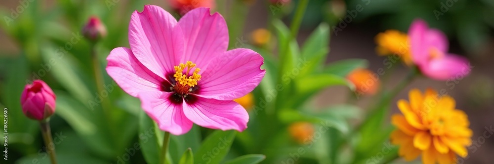 Obraz premium Pink tigridia in a garden with other blooming flowers, garden, nature, spring
