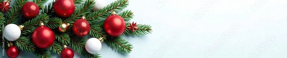 A spruce branch loaded with large and small Christmas balls in shades of red and white, white, decorations, large A spruce branch loaded with large and small Christmas balls in shades of red and white, white, decorations, large