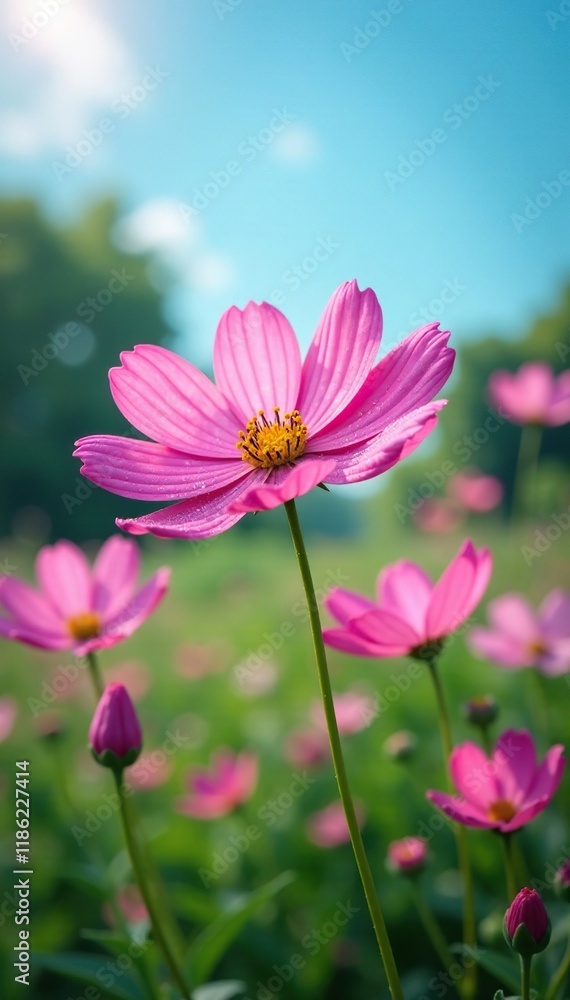 Blue sky reflects off dewy pink cosmos flower petals in a serene garden, morning, blue sky, peaceful Blue sky reflects off dewy pink cosmos flower petals in a serene garden, morning, blue sky, peaceful