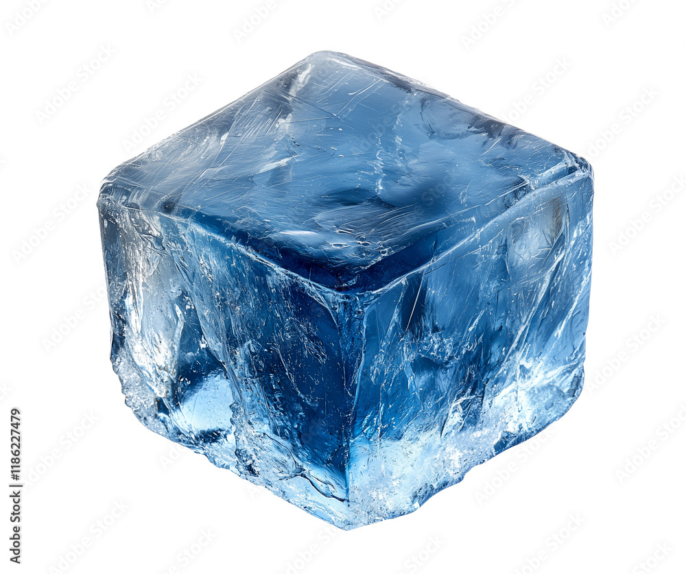 Obraz premium blue ice cube close up, clean ice, ice cube isolated on white transparent background, cutout png
