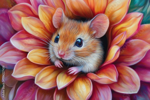 Cute mouse peeking out from vibrant flower petals in a natural garden setting