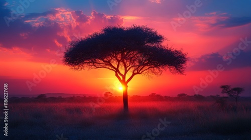 Sunset illuminates solitary tree in vast landscape with vibrant colors