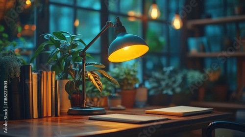 Cozy study corner with warm lighting and green plants in the evening