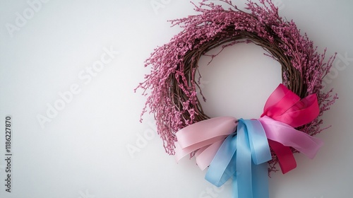 Creative wreath adorned with ribbons showcases delicate craftsmanship for hom...