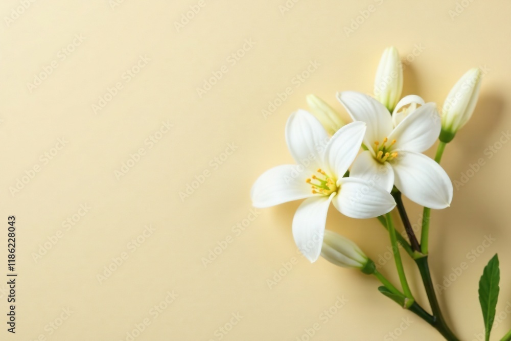 Fototapeta premium White mogra flower buds on beige background, showcasing their unique shape and color, flowers, white, jasmine