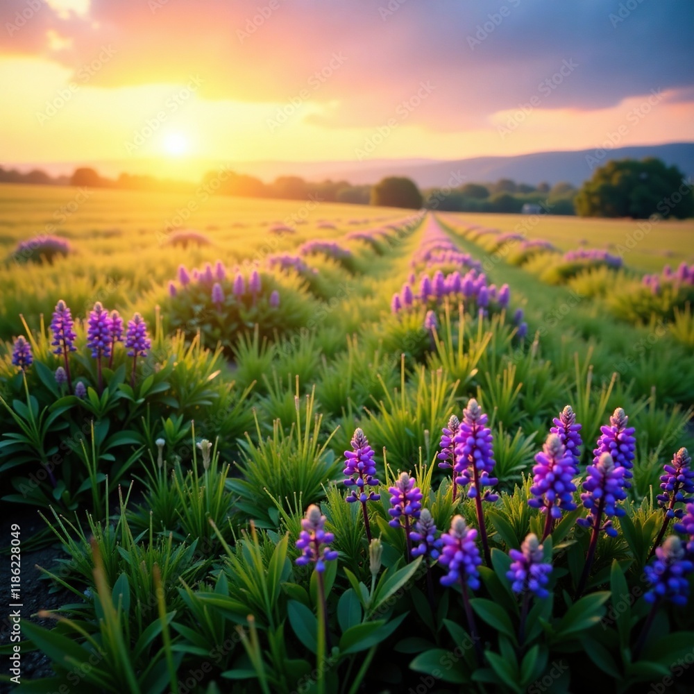 Fototapeta premium Softly glowing purple flowers stretch across a vast green field, scenery, sunset, fields