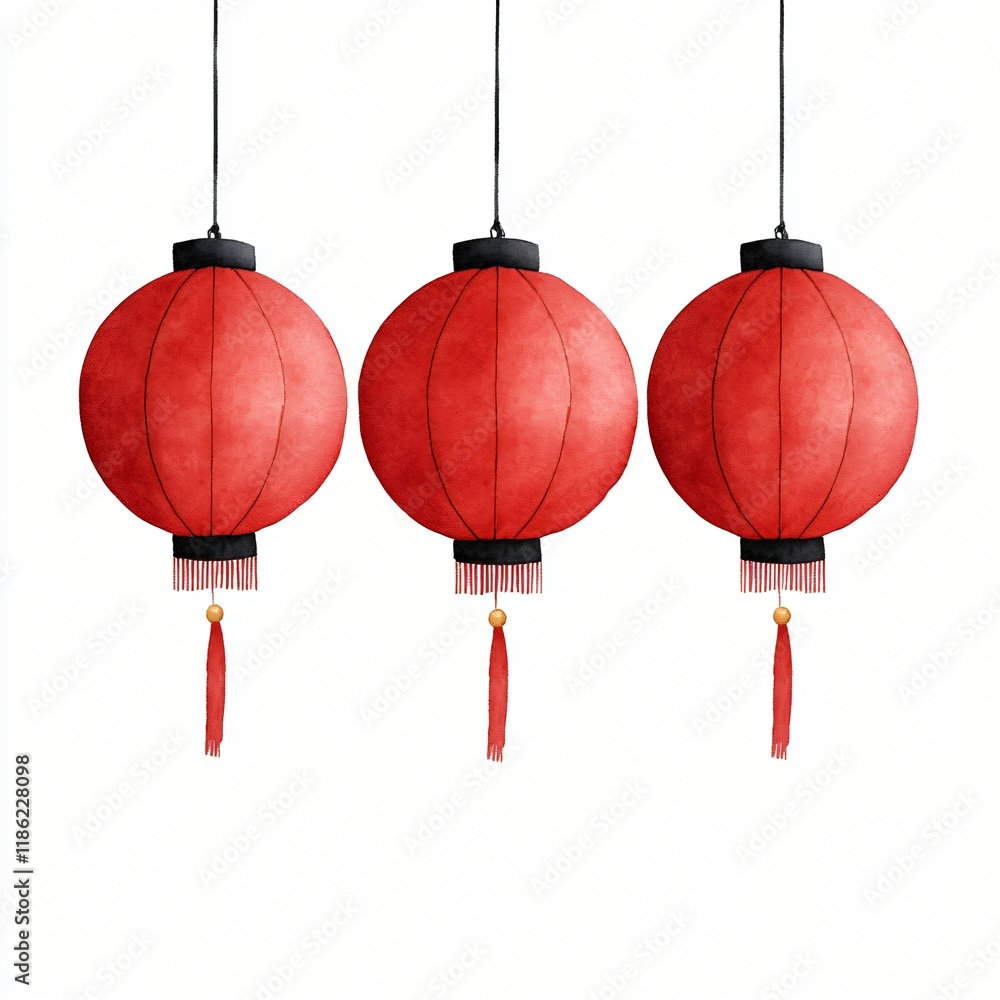 Obraz premium Three Traditional Red Chinese Lanterns Hanging Watercolor Style Festive Asian Decor