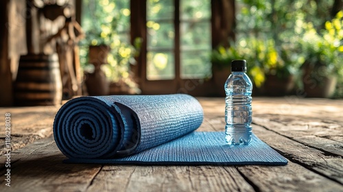 Yoga mat and water bottle prepared for a morning workout in a rustic indoor s...