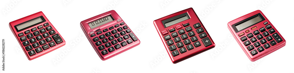 Close up view of multiple red digital financial calculators on a white desk representing the tools and technology used for business accounting budgeting data analysis Close up view of multiple red digital financial calculators on a white desk representing the tools and technology used for business accounting budgeting data analysis