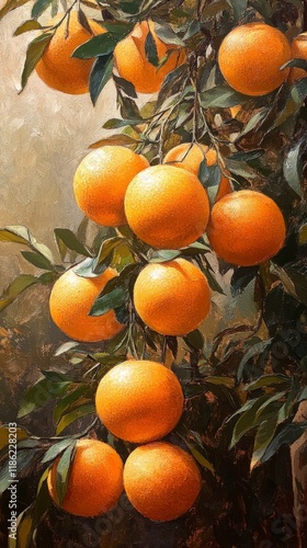 Vibrant oranges hanging on a lush tree basking in warm sunlight