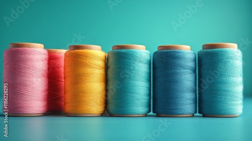 Colorful spools of thread arranged in a row on a green background for craftin...