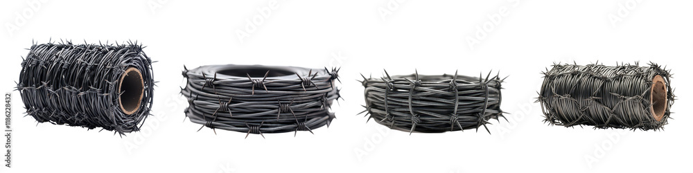 Coiled barbed wire fence rolls in a repeating industrial pattern against a textured steel or metal background suggesting security danger and protection Coiled barbed wire fence rolls in a repeating industrial pattern against a textured steel or metal background suggesting security danger and protection