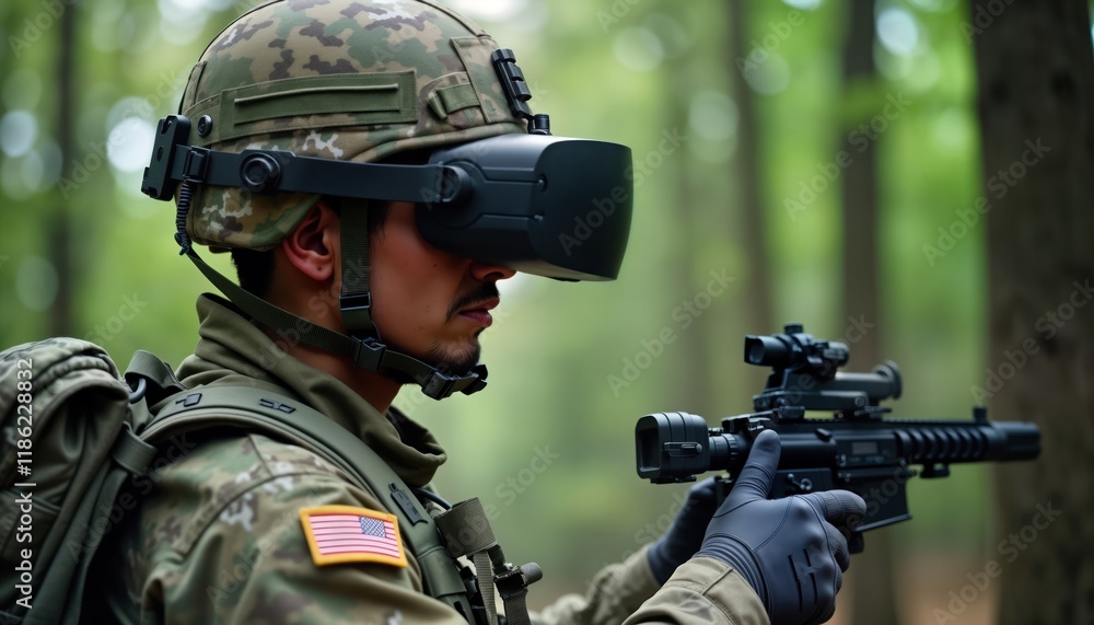 Soldier in camouflage uniform operates military drone using VR headset. Holds rifle. In forest. Modern tech, tactical military equipment. Preparation for drone operation. Reconnaissance surveillance Soldier in camouflage uniform operates military drone using VR headset. Holds rifle. In forest. Modern tech, tactical military equipment. Preparation for drone operation. Reconnaissance surveillance