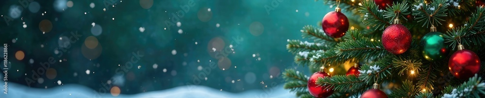 Festive Christmas tree with red and green ornaments and lights isolated on snowy background, decoration, snow