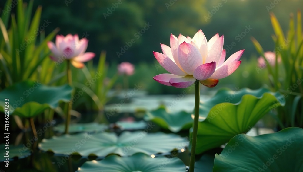 The lotus flower grows among reeds and rushes, reeds, rushes, vegetation The lotus flower grows among reeds and rushes, reeds, rushes, vegetation