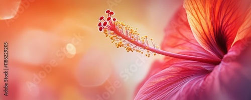 Close up of a vibrant red hibiscus flower with delicate petals against a soft blurred background, showcasing its intricate structure and vivid color Ideal for nature