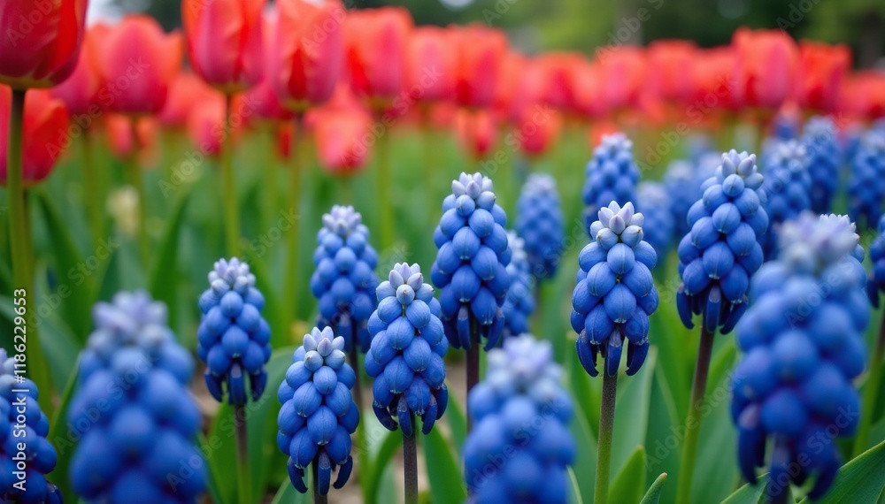 Blue muscari flowers blooming under tulip blooms, muscari, garden details, colorful garden Blue muscari flowers blooming under tulip blooms, muscari, garden details, colorful garden