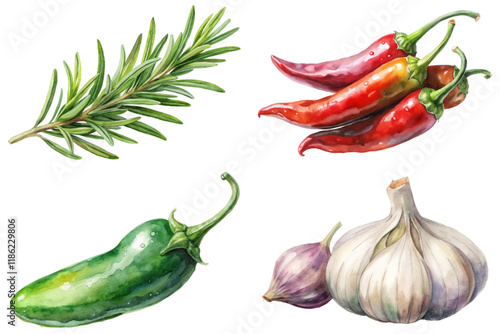 Fresh herbs and vegetables, vibrant watercolor style, culinary ingredients, cooking illustrations, organic produce.